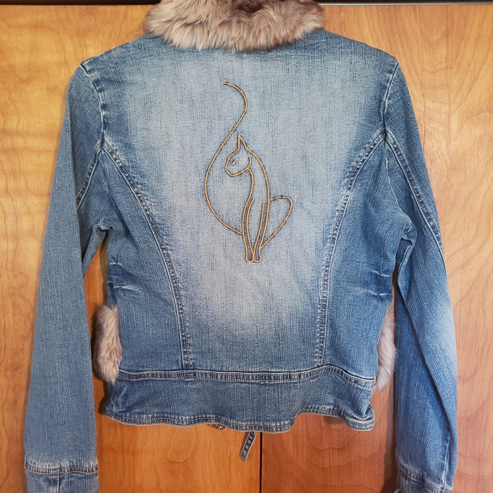 Baby Phat Y2K Blue Denim Jacket with Taupe Faux Fur Trim, RARE Item! - Picture 3 of 13